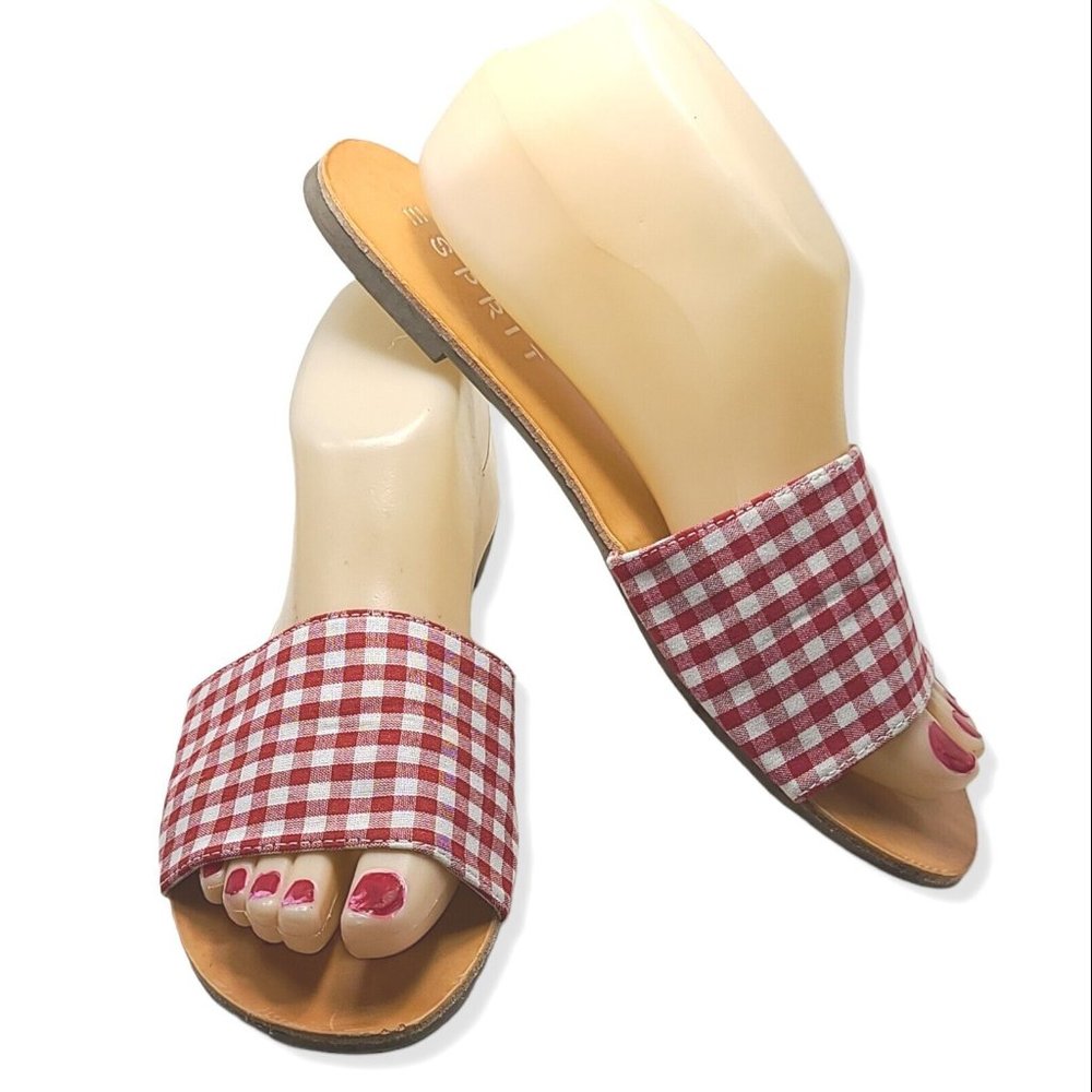 ESPRIT DENISE Womens Open Toe Casual Flats Slide Sandals Red Gingham Sz 8 Summer